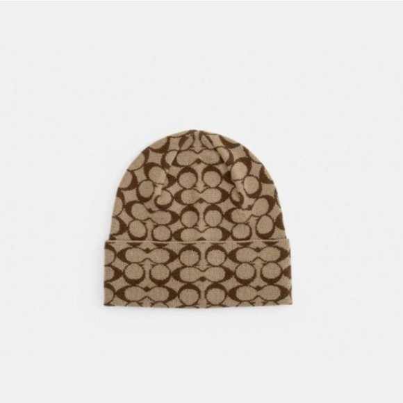 NWT Coach Khaki Signature Knit Beanie Hat Winter C Logo Wool Cap - Picture 1 of 4